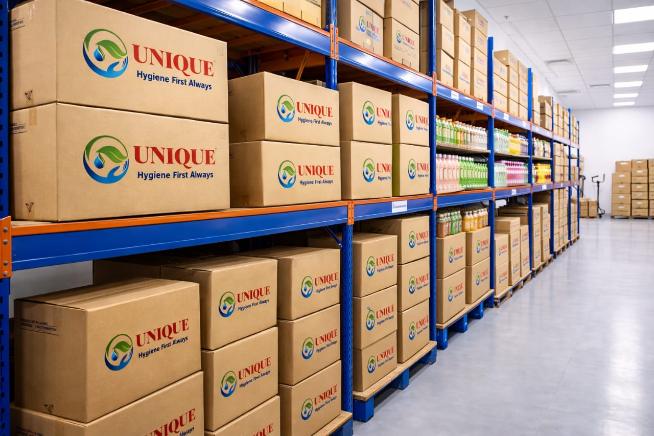 Warehouse racking stacked with branded Unique cartons and finished products