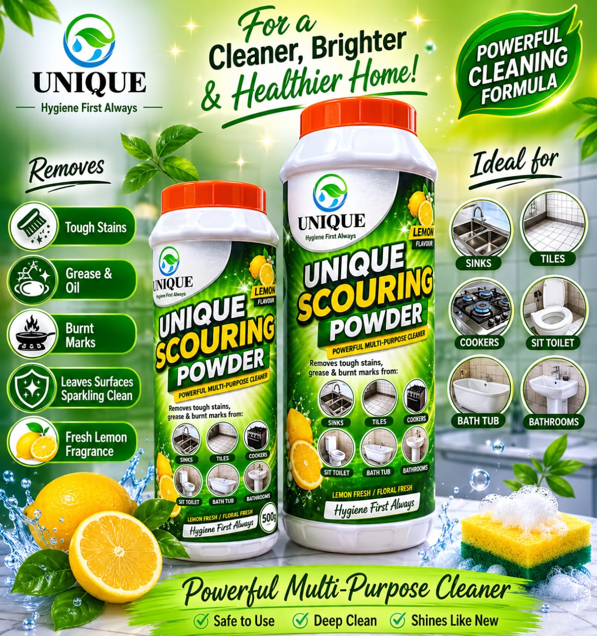 UNIQUE Scouring Powder lemon multi-purpose cleaner 500g tubs