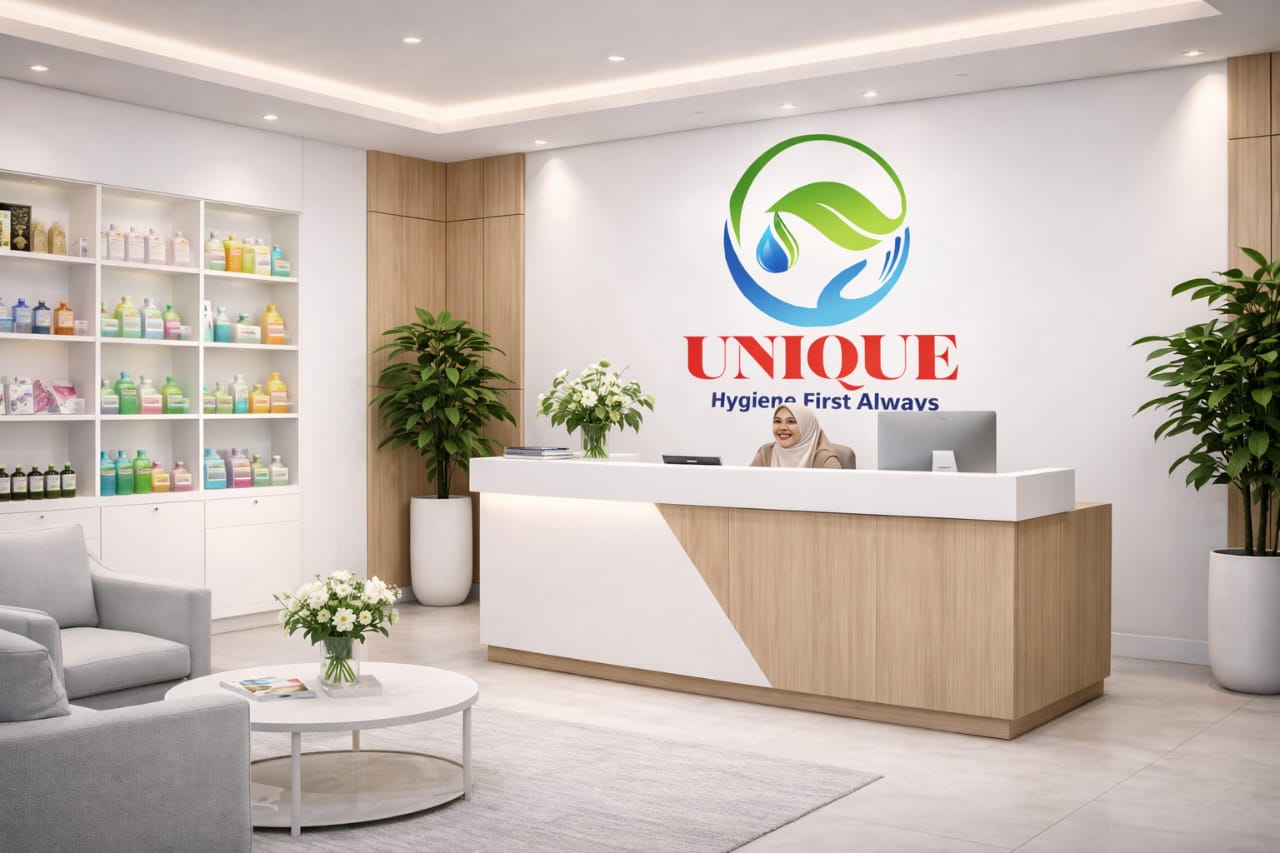 Unique Soap Manufacturers head office reception with branded wall logo