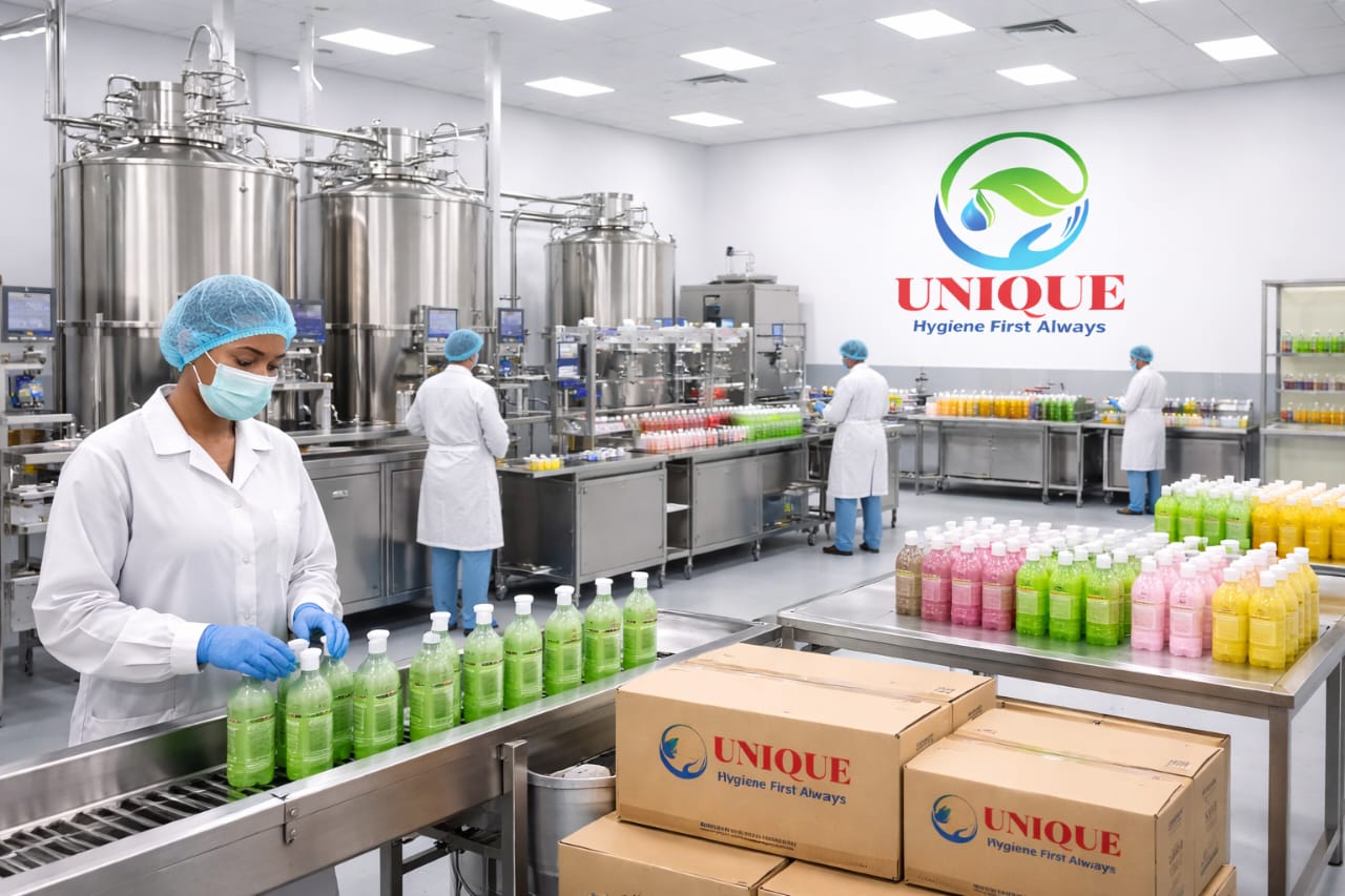 UNIQUE production floor with mixing tanks, filling line and branded cartons
