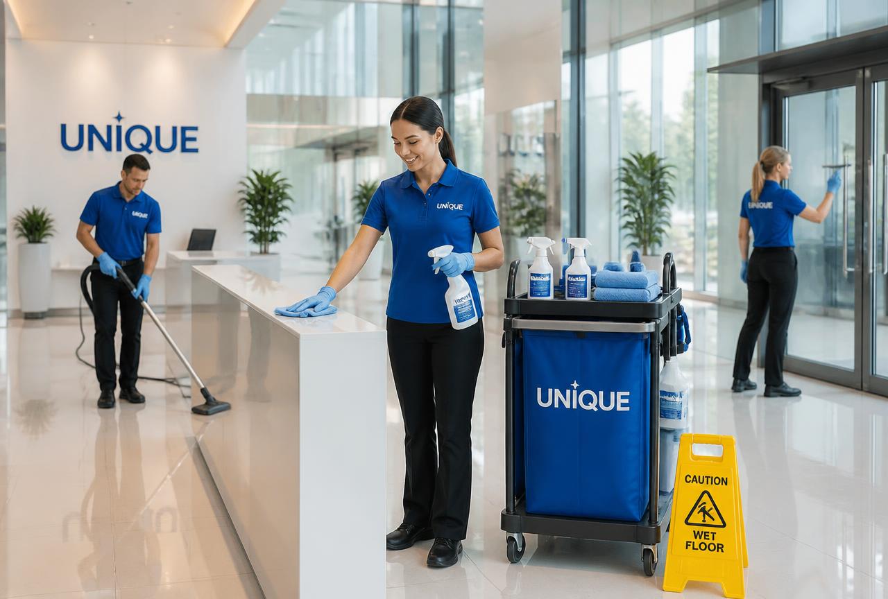Professional cleaning team working in an office lobby