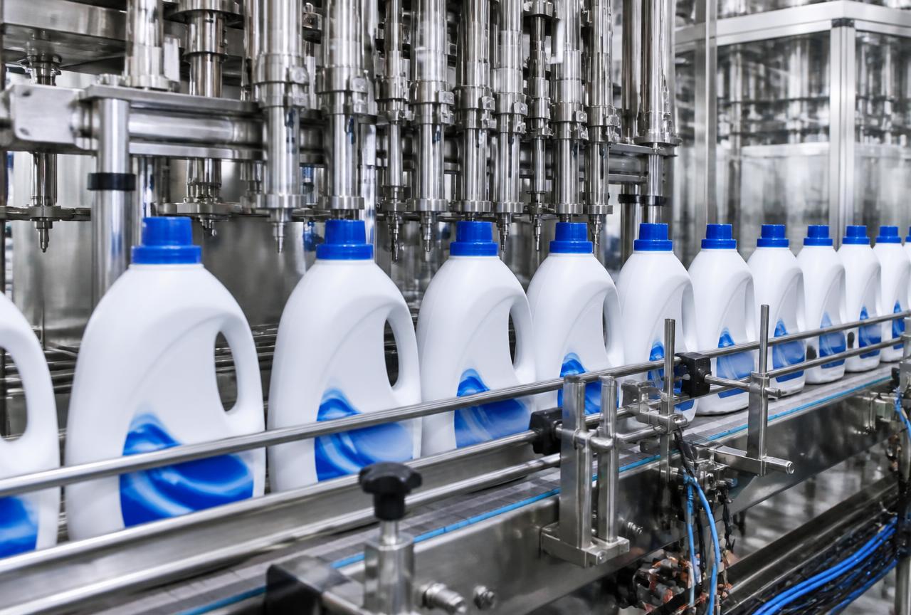 Automated bottling line filling Unique detergent bottles