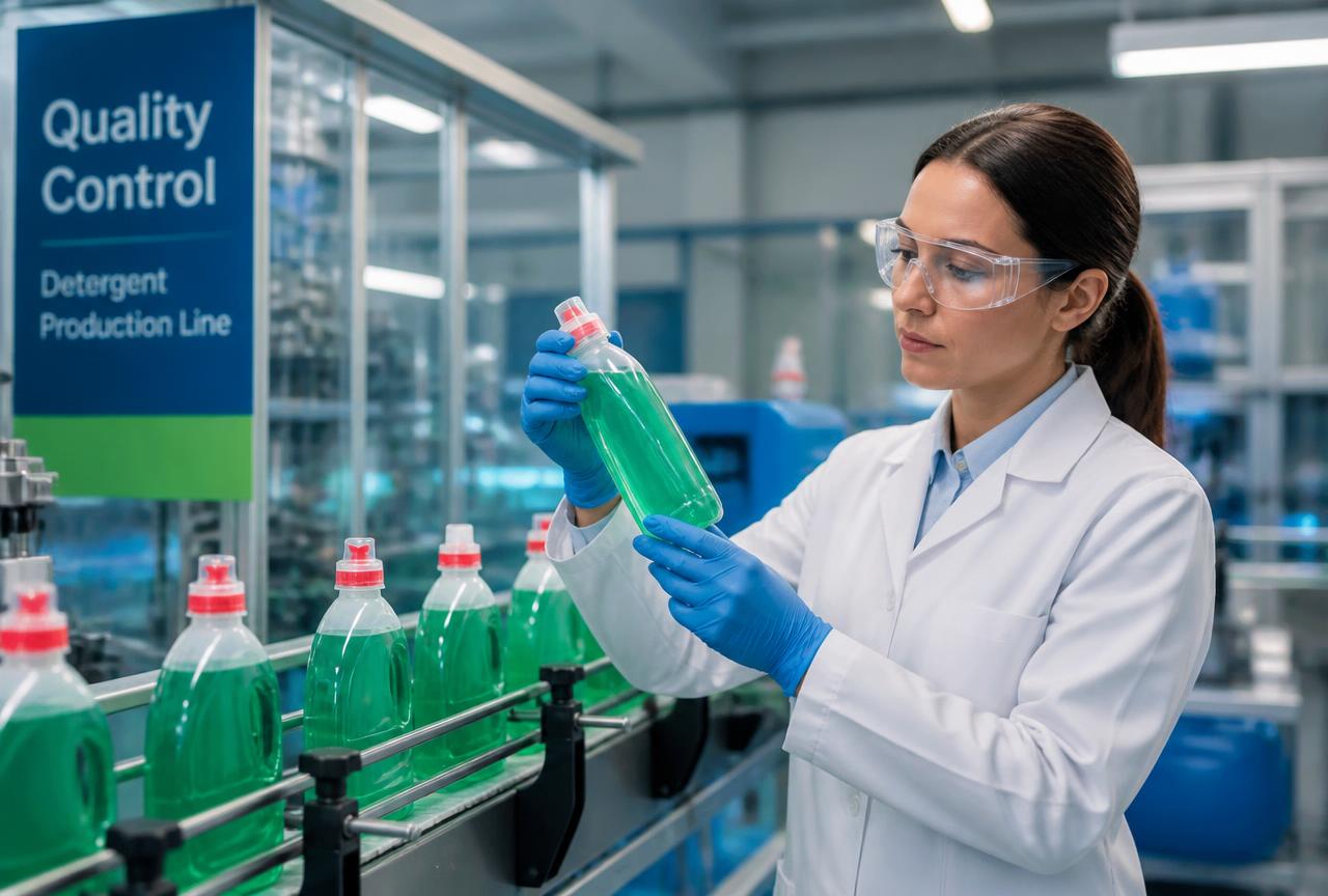 Quality inspector checking a detergent bottle on the production line