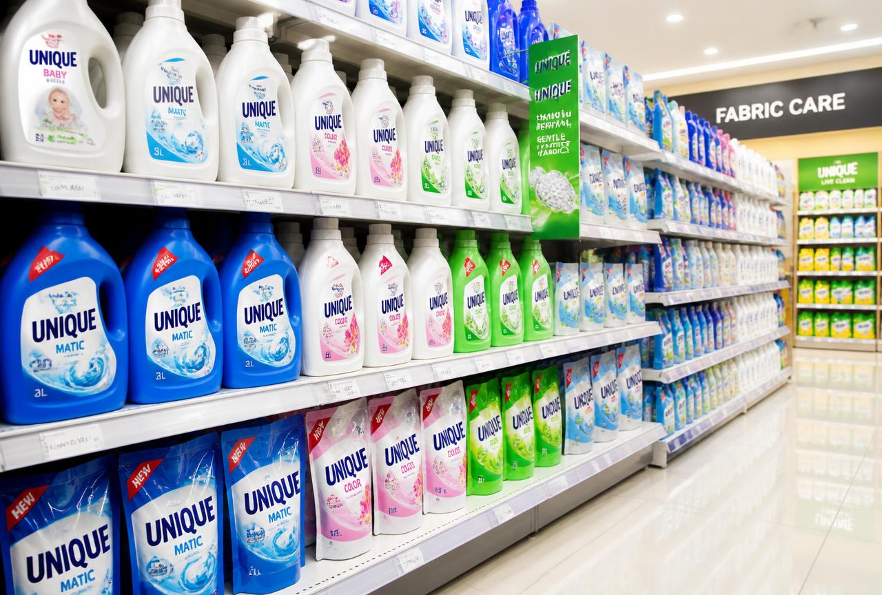 Supermarket shelves stocked with Unique detergent products